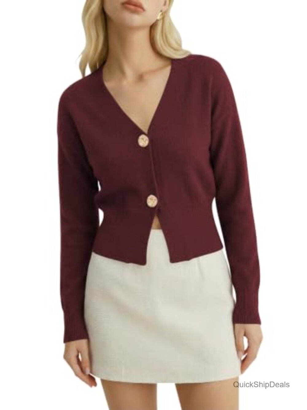 Women's Fitted V-Neck Cropped Cardigan with Gold Buttons Knit Sweater